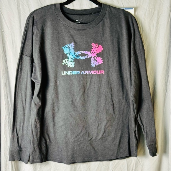 Under Armour Kids Charcoal Long Sleeve Shirt with Floral Logo - Picture 1 of 5